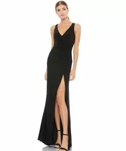 Ieena For Mac Duggal Ruched Stretch Jersey V-Neck Gown Shop For