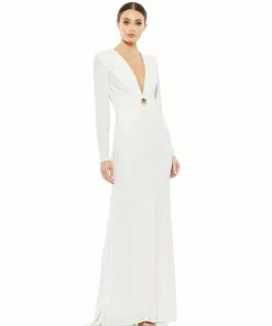 Ieena For Mac Duggal Gathered Pearl Long Sleeve Keyhole Gown