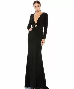 Ieena For Mac Duggal Gathered Pearl Long Sleeve Keyhole Gown