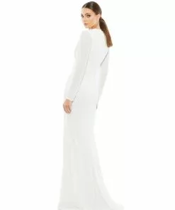 Ieena For Mac Duggal Gathered Pearl Long Sleeve Keyhole Gown