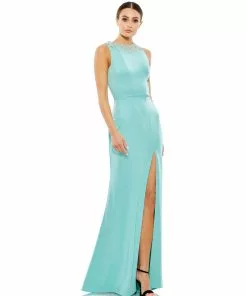 Ieena For Mac Duggal Sleeveless Rhinestone Collar Column Gown