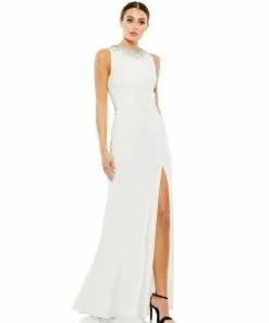 Ieena For Mac Duggal Sleeveless Rhinestone Collar Column Gown