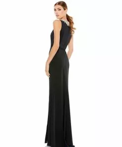 Ieena For Mac Duggal Sleeveless Rhinestone Collar Column Gown