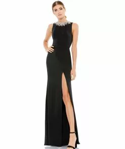 Ieena For Mac Duggal Sleeveless Rhinestone Collar Column Gown