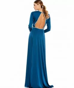Ieena For Mac Duggal Long Sleeve Jewel Trimmed Charmeuse Gown Shop For