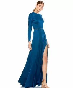 Ieena For Mac Duggal Long Sleeve Jewel Trimmed Charmeuse Gown Shop For