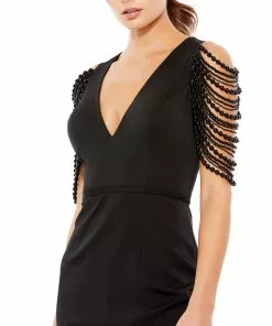 Ieena For Mac Duggal Short Dresses V-Neck Cocktail Dress W/ Beaded Sleeves