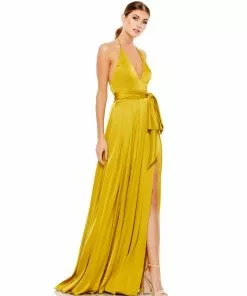 Ieena For Mac Duggal Pleated Charmeuse Halter Gown W/ Belted Waist Shop For