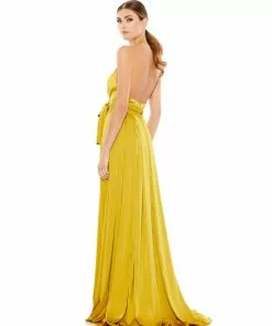 Ieena For Mac Duggal Pleated Charmeuse Halter Gown W/ Belted Waist Shop For