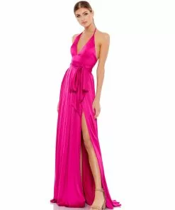 Ieena For Mac Duggal Pleated Charmeuse Halter Gown W/ Belted Waist Shop For