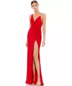 Ieena For Mac Duggal Asymmetrical Pearl Strap V-Neck Gown