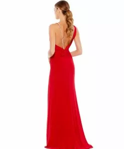 Ieena For Mac Duggal Asymmetrical Pearl Strap V-Neck Gown