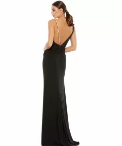 Ieena For Mac Duggal Asymmetrical Pearl Strap V-Neck Gown