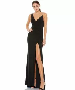 Ieena For Mac Duggal Asymmetrical Pearl Strap V-Neck Gown