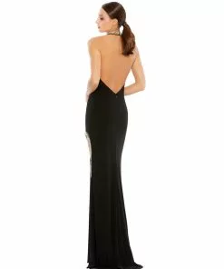 Ieena For Mac Duggal High Slit Halter Gown W/ Rhinestone Accents