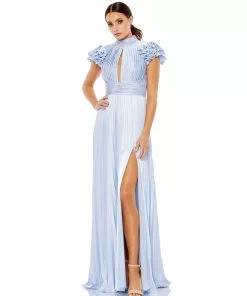 Ieena For Mac Duggal High Neck Ruffle Sleeve Pleated Keyhole Gown Bridesmaid Dresses