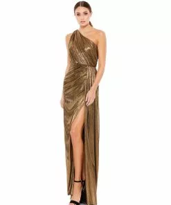 Ieena For Mac Duggal Prom Metallic Draped One Shoulder Grecian Dress