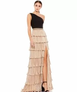 Ieena For Mac Duggal One Shoulder Layered Metallic Ruffle Gown