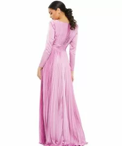 Ieena For Mac Duggal Pleated Long Sleeve V-Neck Gown