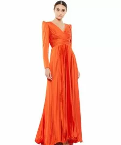 Ieena For Mac Duggal Pleated Long Sleeve V-Neck Gown