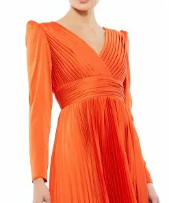 Ieena For Mac Duggal Pleated Long Sleeve V-Neck Gown