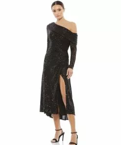 Ieena For Mac Duggal One Shoulder Sequin Long Sleeve Midi Dress Shop For