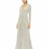Ieena For Mac Duggal Long Sleeved Gathered Sequined Gown