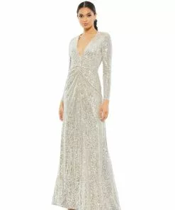 Ieena For Mac Duggal Long Sleeved Gathered Sequined Gown