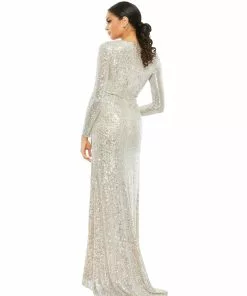 Ieena For Mac Duggal Long Sleeved Gathered Sequined Gown