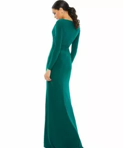Ieena For Mac Duggal V-Neck Long Sleeve High Slit Gown
