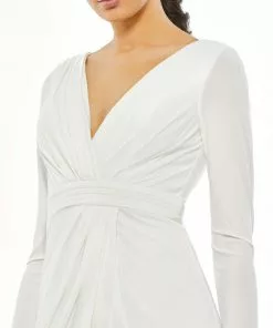 Ieena For Mac Duggal V-Neck Long Sleeve High Slit Gown