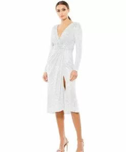 Ieena For Mac Duggal Long Sleeve Sequined Midi Dress