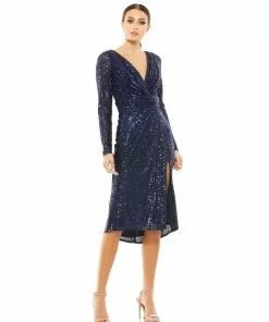 Ieena For Mac Duggal Long Sleeve Sequined Midi Dress