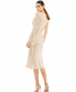 Ieena For Mac Duggal Long Sleeve Sequined Midi Dress