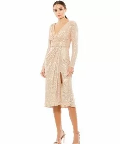 Ieena For Mac Duggal Long Sleeve Sequined Midi Dress