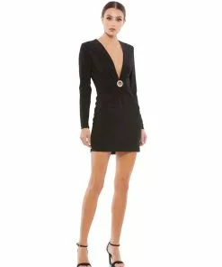 Ieena For Mac Duggal Plunging Embellished Ring Mini Dress