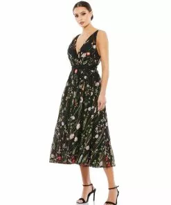 Ieena For Mac Duggal V-Neck Floral Midi Dress