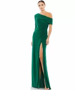 Ieena For Mac Duggal Ruched Jersey Drop Shoulder Foldover Gown