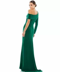 Ieena For Mac Duggal Ruched Jersey Drop Shoulder Foldover Gown