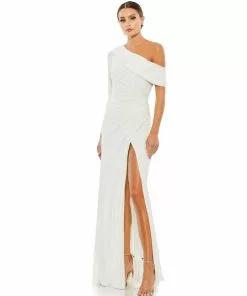 Ieena For Mac Duggal Ruched Jersey Drop Shoulder Foldover Gown