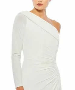 Ieena For Mac Duggal Ruched Jersey Drop Shoulder Foldover Gown