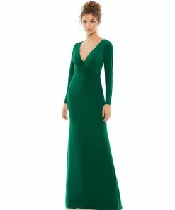 Ieena For Mac Duggal Long Sleeve Ruched Jersey V-Neck Gown Shop For