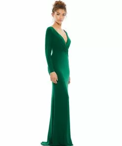 Ieena For Mac Duggal Long Sleeve Ruched Jersey V-Neck Gown Shop For