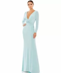 Ieena For Mac Duggal Long Sleeve Ruched Jersey V-Neck Gown Shop For