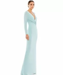 Ieena For Mac Duggal Long Sleeve Ruched Jersey V-Neck Gown Shop For