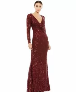 Ieena For Mac Duggal Shop For Sequined Faux Wrap Long Sleeve Column Gown