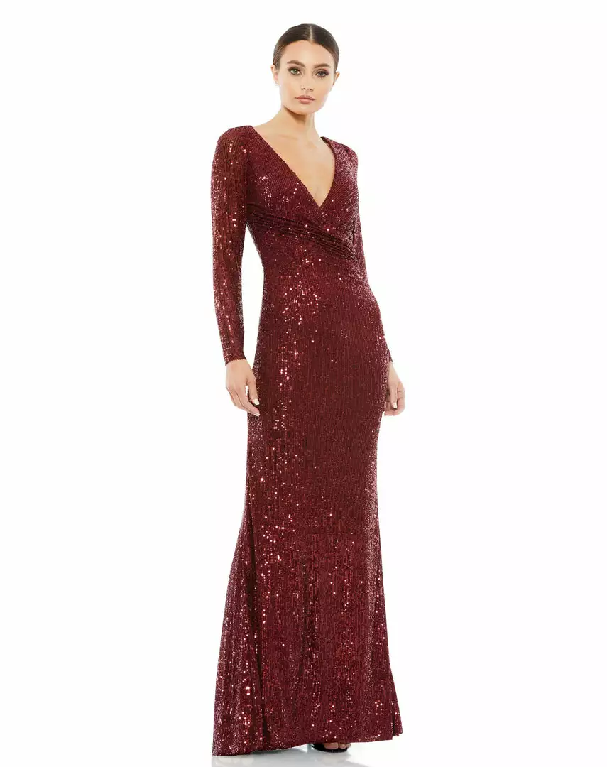 Ieena For Mac Duggal Shop For Sequined Faux Wrap Long Sleeve Column Gown 1 Ieena For Mac Duggal Shop For Sequined Faux Wrap Long Sleeve Column Gown
