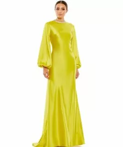 Ieena For Mac Duggal Shop For Satin Long Blouson Sleeve Evening Gown