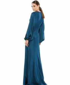 Ieena For Mac Duggal Shop For Satin Long Blouson Sleeve Evening Gown