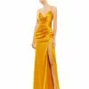 Ieena For Mac Duggal Satin Sleeveless Faux Wrap Ruched Gown Shop For
